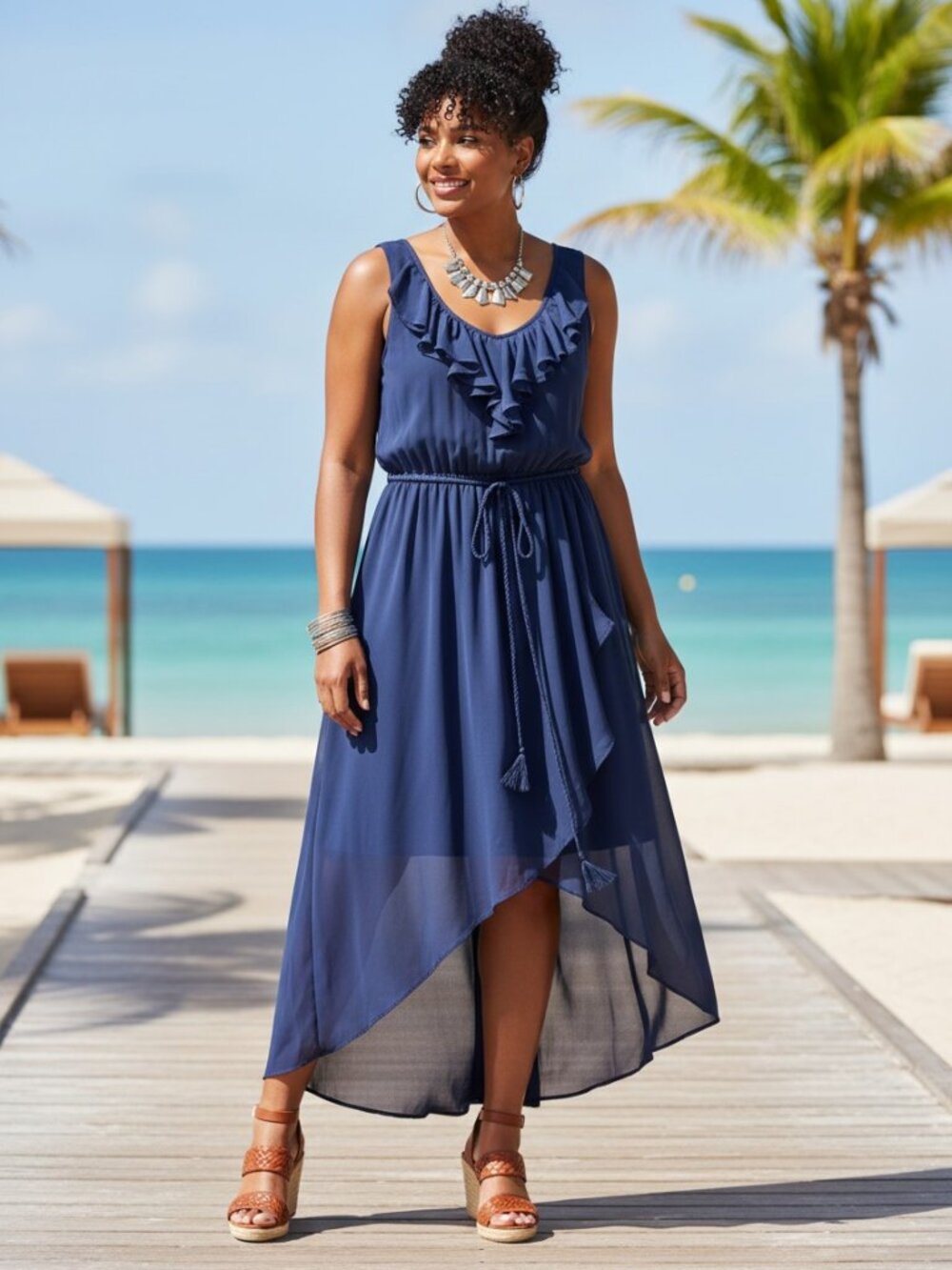 Cato Ruffle High Low Dress 14/16W Navy Blue Chiffon Sleeveless